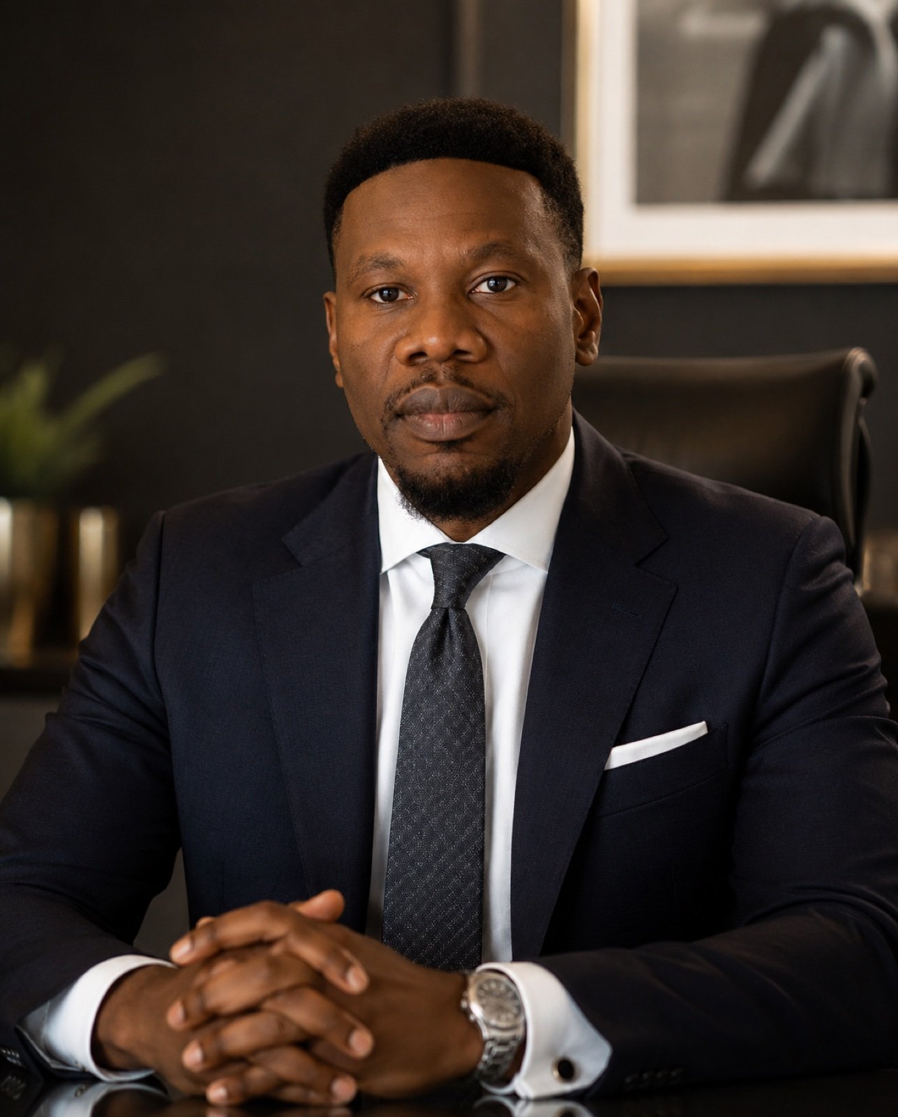 Delani Adewuyi, Founder & Chief Executive of Chateau & Capital, seated at a desk in a dark suit